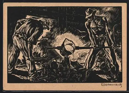 Künstler-AK sign. Rudolf Warnecke: Giesser bei der Arbeit