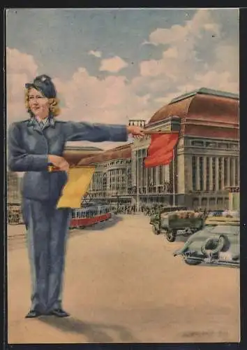 Künstler-AK Brabandt: Frau mit Fähnchen weist die Autos ein, Erste Leipziger Friedensmesse, Strassenbahn