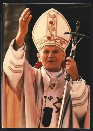 AK Papst Johannes Paul II. im weissen Ornat mit Ferula und Mitra