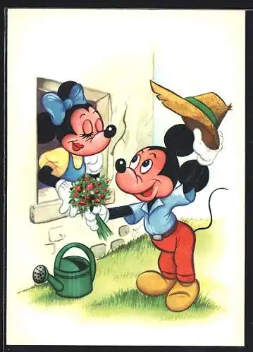 AK Mickey Maus überreicht Minnie Blumen