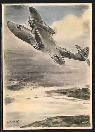 Künstler-AK Wasserflugzeug Do 19 der Luftwaffe im Steigflug