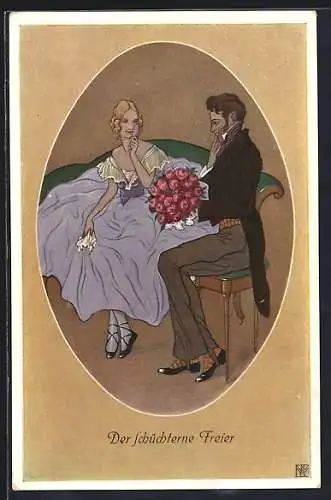 AK Biedermeier, Mann bringt Frau einen Rosenstrauss