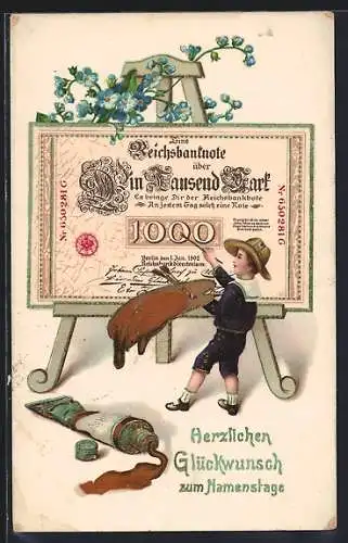 AK Kleiner Kunstmaler malt einen Tausend-Mark-Schein, Neujahrsgruss