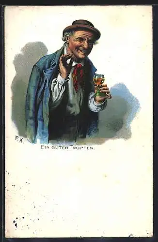 AK Ein guter Tropfen, Weingeniesser mit Weinglas