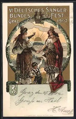 AK Graz, VI. Deutsches Sänger-Bundesfest 1902, zwei Königinnen reichen sich die Hände, Jugendstil
