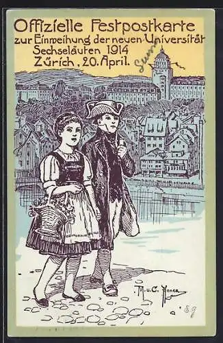 Künstler-AK Zürich, Einweihung der neuen Universität, Sechseläuten 1914, Junge u. Mädchen mit Teilansicht