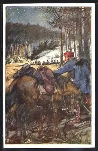 AK Rotes Kreuz Nr. 268: Husar Valentin Szenassy des Husarenregimentes Nr. 1 beobachtet im Walde verborgene..., Kriegsfür