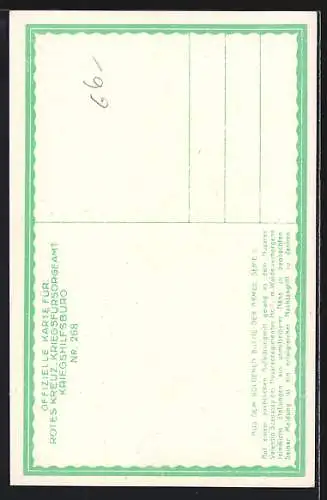 AK Rotes Kreuz Nr. 268: Husar Valentin Szenassy des Husarenregimentes Nr. 1 beobachtet im Walde verborgene..., Kriegsfür