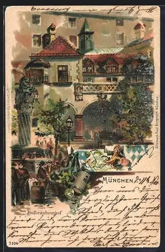 Künstler-AK T.Guggenberger: München, Hofbräuhaushof, Gäste im Biergarten