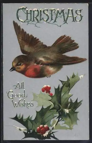 AK Rotkehlchen über Stechpalmenzweig, Weihnachtsgruss