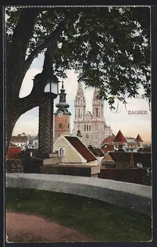 AK Zagreb, Ortspartie mit Kirche
