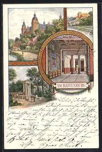 Künstler-AK Aschaffenburg, Schloss im Stadtbild