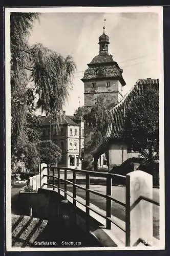 AK Staffelstein / Bayern, Strassenpartie mit Stadtturm