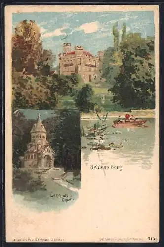 Lithographie Berg / Starnberger See, Schloss Berg und Kapelle