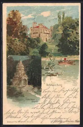 Lithographie Berg / Starnberger See, Schloss Berg und Kapelle