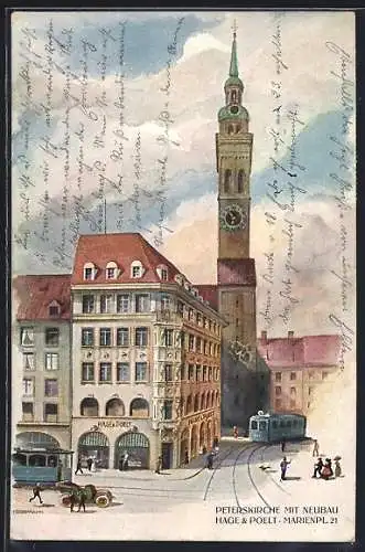 Künstler-AK München, Peterskirche mit Neubau Hage & Poelt