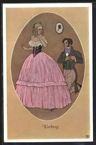 Künstler-AK Werbung, Verehrer kniet vor der jungen Frau, Biedermeier