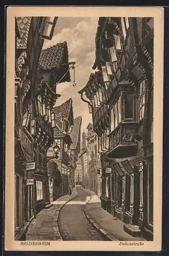 Künstler-AK Hildesheim, Judenstrasse mit Geschäften