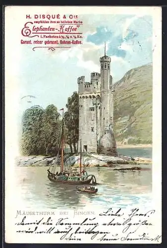Lithographie Bingen, Mäusethurm mit Schiffen