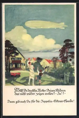 Künstler-AK Otto Amtsberg: Mutter mit Kinder erfreuen sich an einem Zeppelin