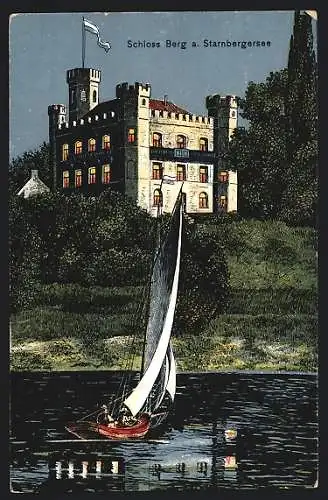 AK Berg / Starnberger See, Schloss Berg, Segelpartie auf dem Starnbergersee