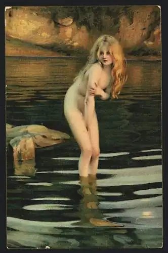 Künstler-AK Chabas: Zwielicht, Erotische nackte blonde Frau im Wasser