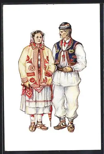 AK Mann und Frau in kroatischen Volkstrachten mit Regenschirm