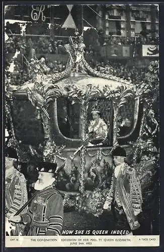 AK Königin Elizabeth II. von England in der Kutsche, Krönung am 2. Juni 1953