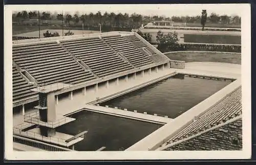 AK Berlin, Reichssportfeld - Blick von der Deutschen Kampfbahn auf das Schwimmstadion, Olympische Sommerspiele 1936