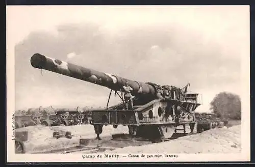 AK Camp de Mailly - Canon de 340 mm Berceau, Artillerie auf Militärbahn