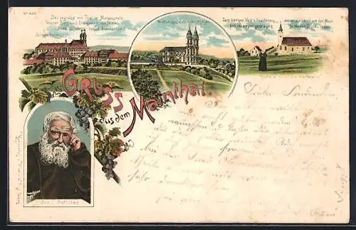 Lithographie Staffelstein / Mainthal, Schloss Banz, Wallfahrtskirche Vierzehnheiligen & Porträt J. v. Staffelberg