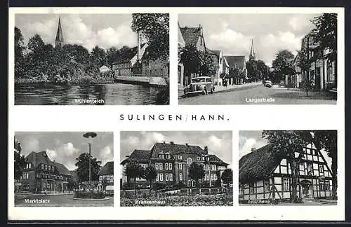 AK Sulingen /Hann., Mühlenteich, Langestrasse, Krankenhaus und Apotheke