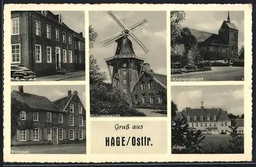 AK Hage /Ostfr., Mühlenansicht, Helenenstift, Rathaus