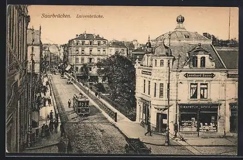 AK Saarbrücken, Luisenbrücke mit Strassenbahn aus der Vogelschau