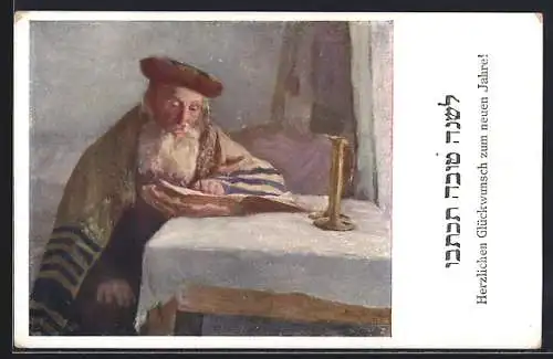 AK Älterer Mann liest am Tisch, Neujahrsgruss