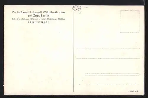 AK Berlin-Charlottenburg, Variete und Kabarett Wilhelmshallen am Zoo, Bräustübel
