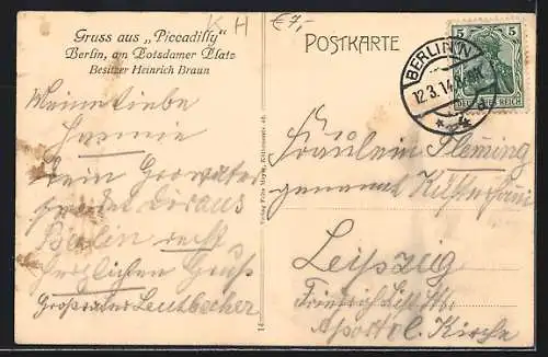 AK Berlin-Tiergarten, Hauptansicht im Gasthaus Piccadilly am Potsdamer Platz Bes.: Heinrich Braun