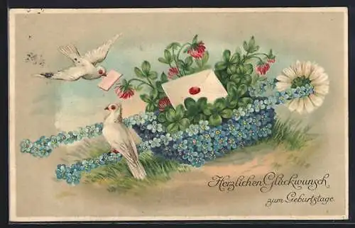 AK Blumenbild, Brieftauben landen auf Schubkarre aus Vergissmeinnicht