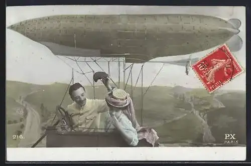 AK Au revoir à bientôt!, Liebespaar steuert einen Zeppelin