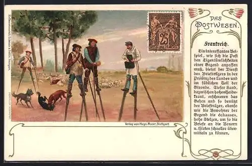 Lithographie Das Postwesen in Frankreich, Briefträger auf Stelzen