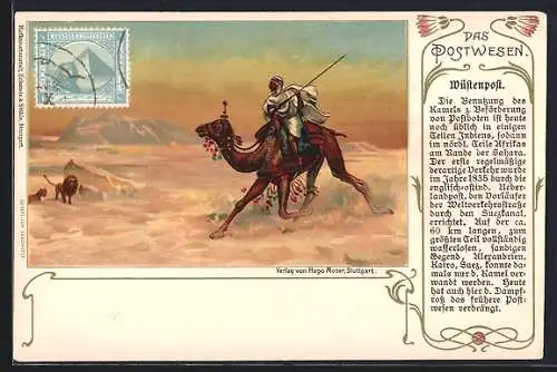 Lithographie Das Postwesen, Wüstenpost, Postbote reitet auf einem Kamel, Briefmarke