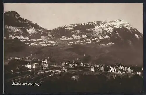 AK Goldau, Totalansicht mit Bahngelände und Rigi aus der Vogelschau