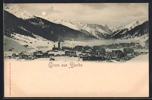 AK Davos, Ortsansicht mit Bergpanorama im Winter