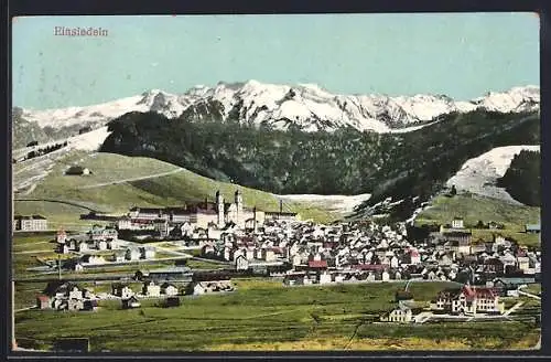 AK Einsiedeln, Totalansicht mit Bergpanorama