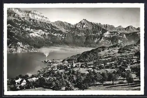 AK Quarten, Ortsansicht mit Walensee und Bergpanorama aus der Vogelschau