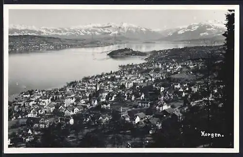 AK Horgen, Gesamtansicht mit Gewässer und Bergpanorama aus der Vogelschau