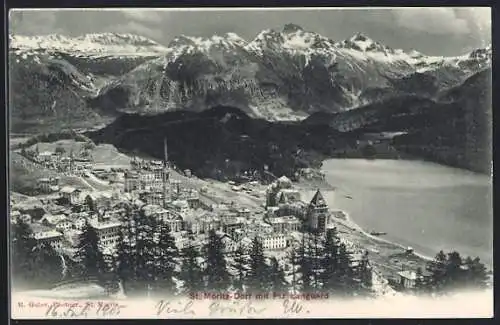 AK St. Moritz-Dorf, Totalansicht mit Piz Languard aus der Vogelschau