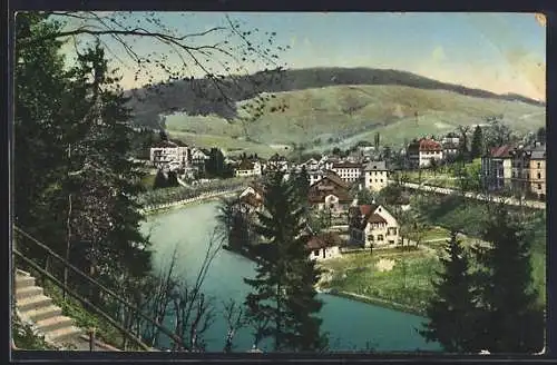 AK Baden, Totalansicht mit Fluss aus der Vogelschau