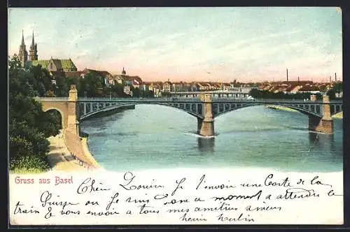 AK Basel, Brückenpartie mit Stadtpanorama