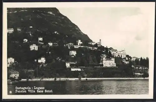 AK Castagnola-Lugano, Pension Villa Sans Souci S. Auer u. B. Lichti, Ortsansicht vom Wasser aus